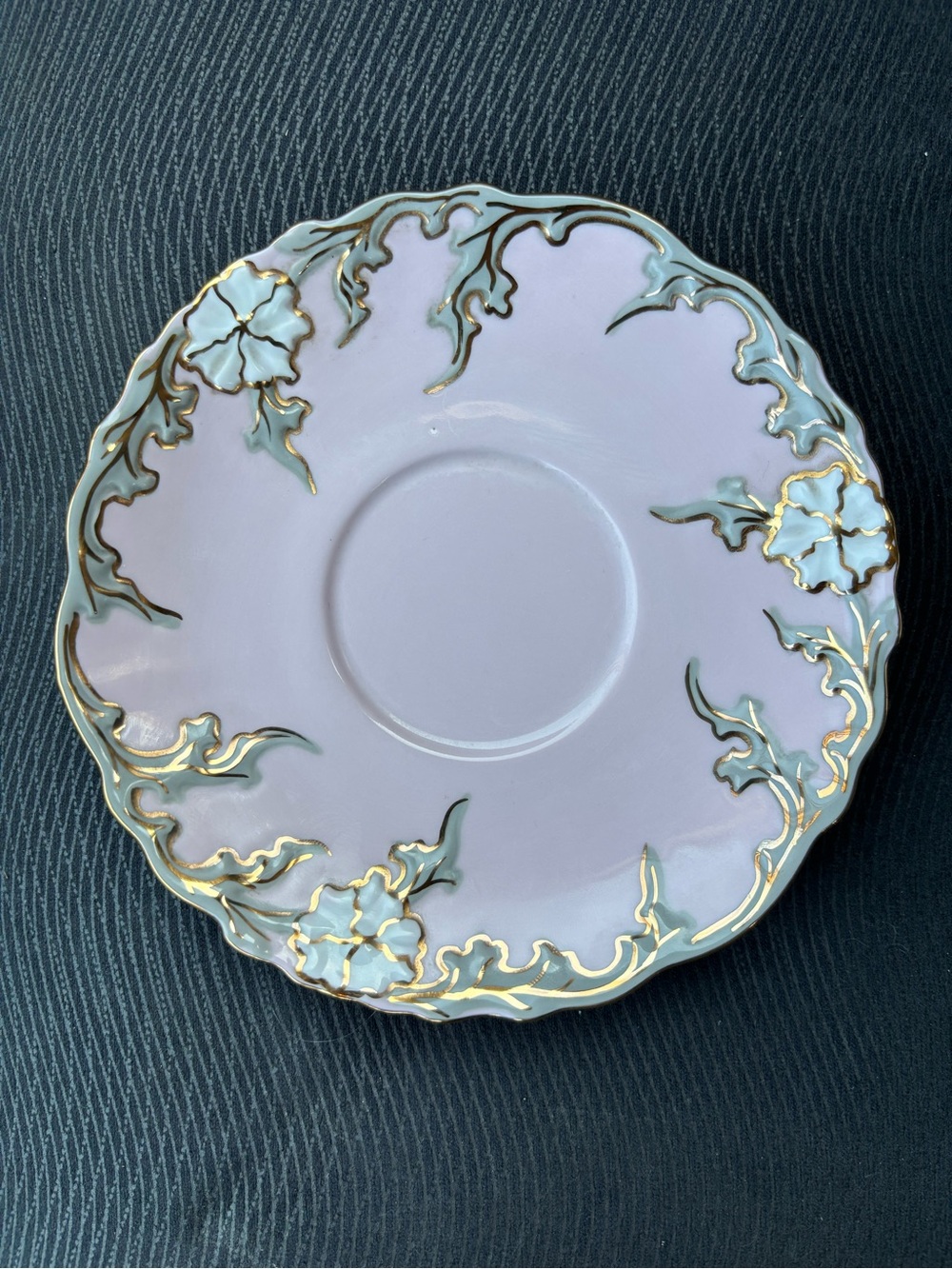 HAAS & CZJZEK Pink Porcelain Trinket Vanity Tray Saucer Plate Gold Floral Trim